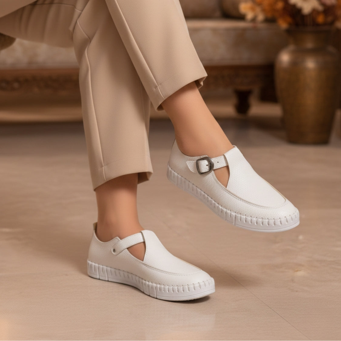 Stitched T-Strap Loafers White (104)