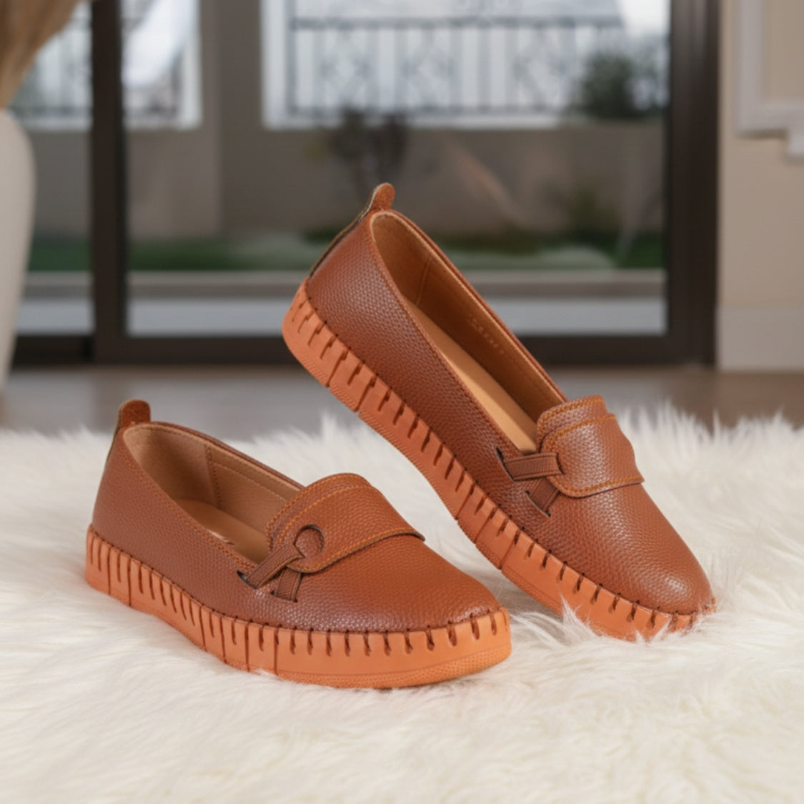 Stitched T-Strap Loafers Havana (112)