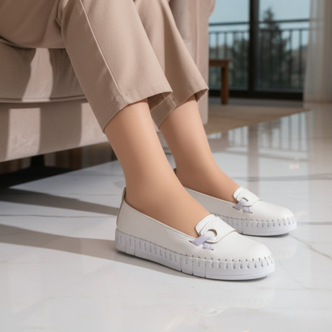 Stitched T-Strap Loafers White (112)