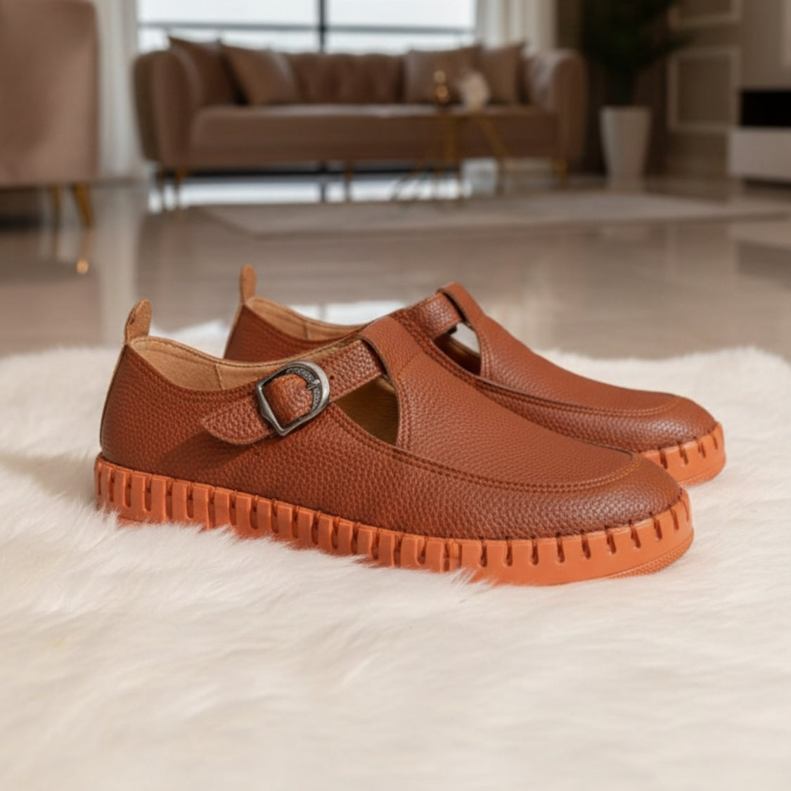 Stitched T-Strap Loafers Havana (104)