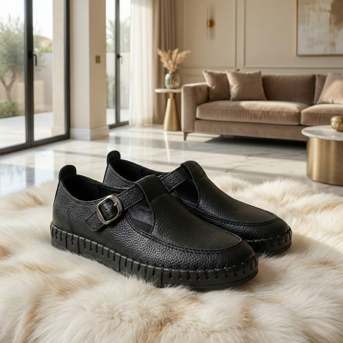 Stitched T-Strap Loafers Black (104)