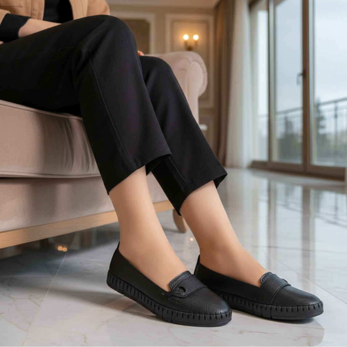 Stitched T-Strap Loafers Black (112)