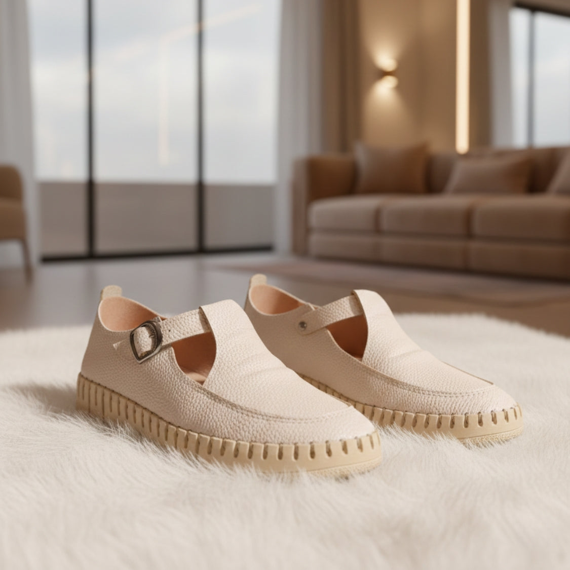 Stitched T-Strap Loafers Cream (104)