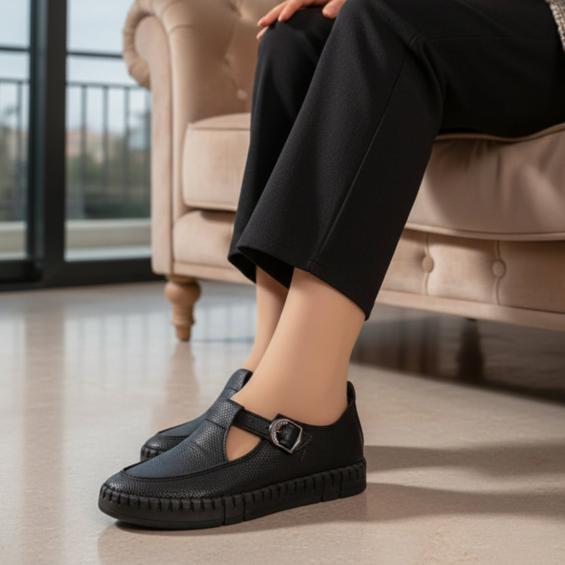 Stitched T-Strap Loafers Black (104)