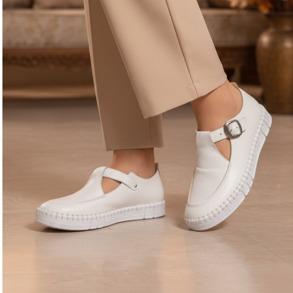 Stitched T-Strap Loafers White (104)