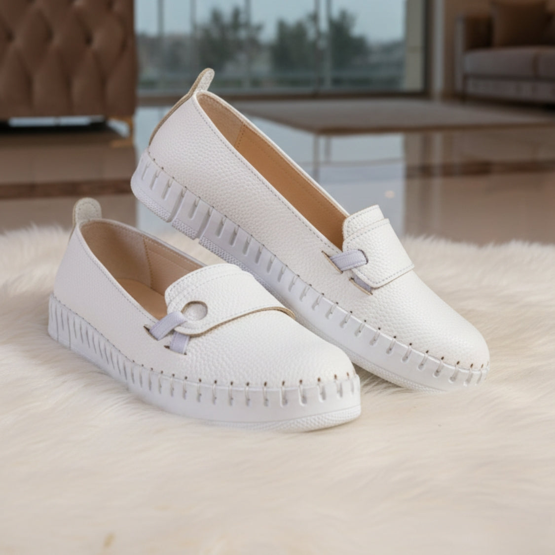 Stitched T-Strap Loafers White (112)