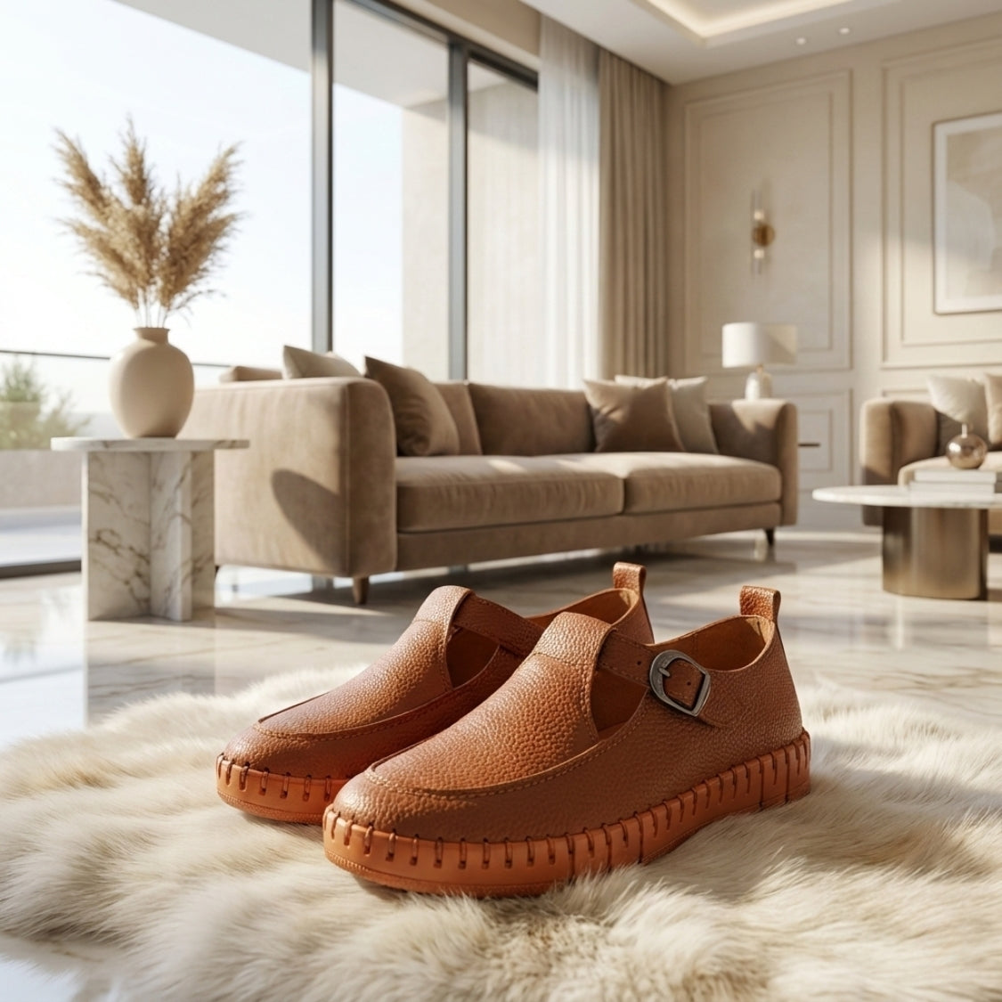 Stitched T-Strap Loafers Havana (104)