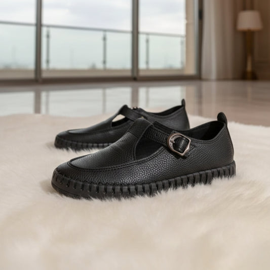 Stitched T-Strap Loafers Black (104)