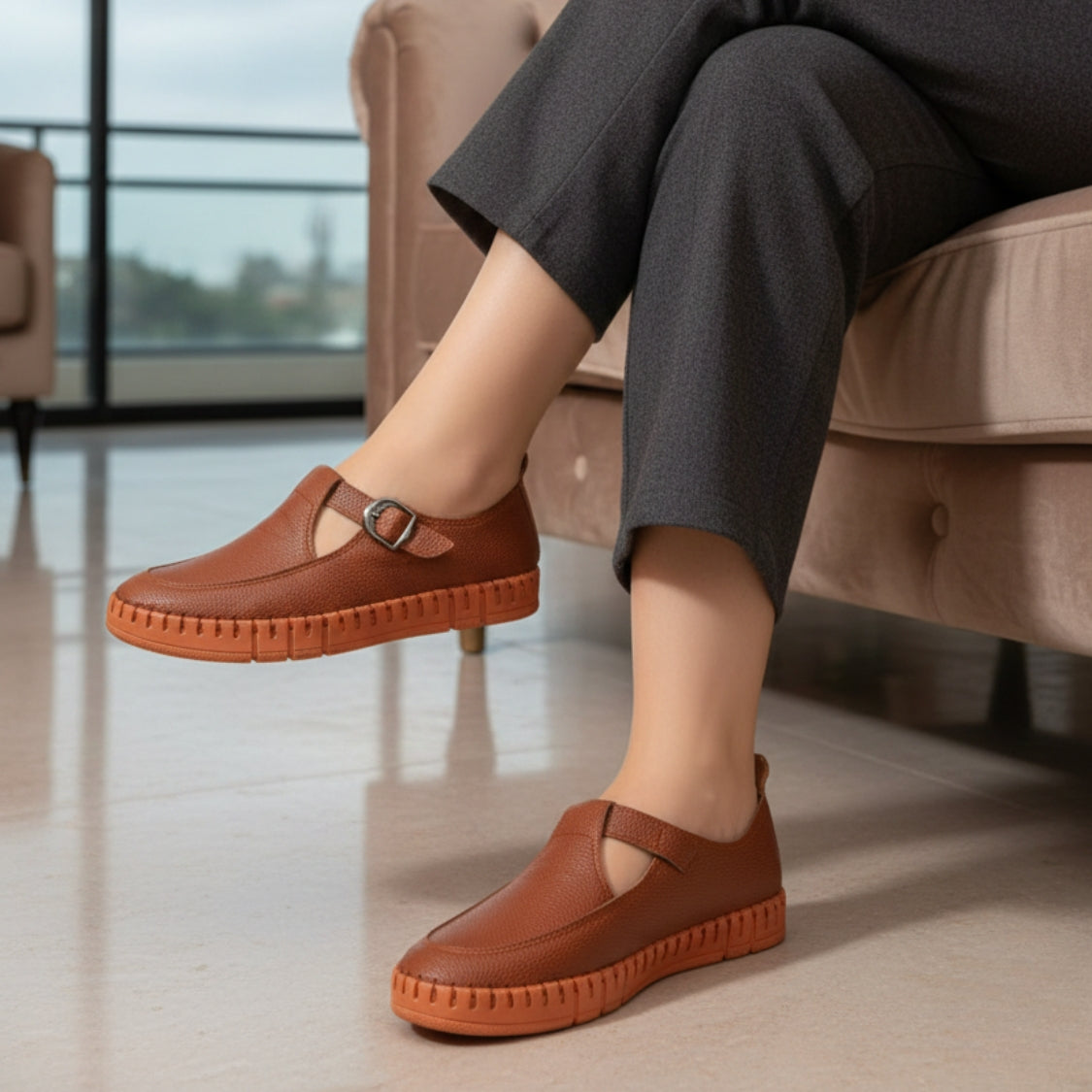 Stitched T-Strap Loafers Havana (104)