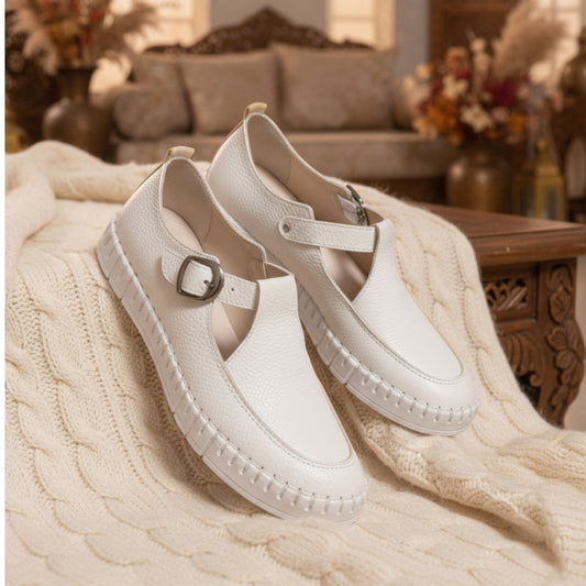 Stitched T-Strap Loafers White (104)