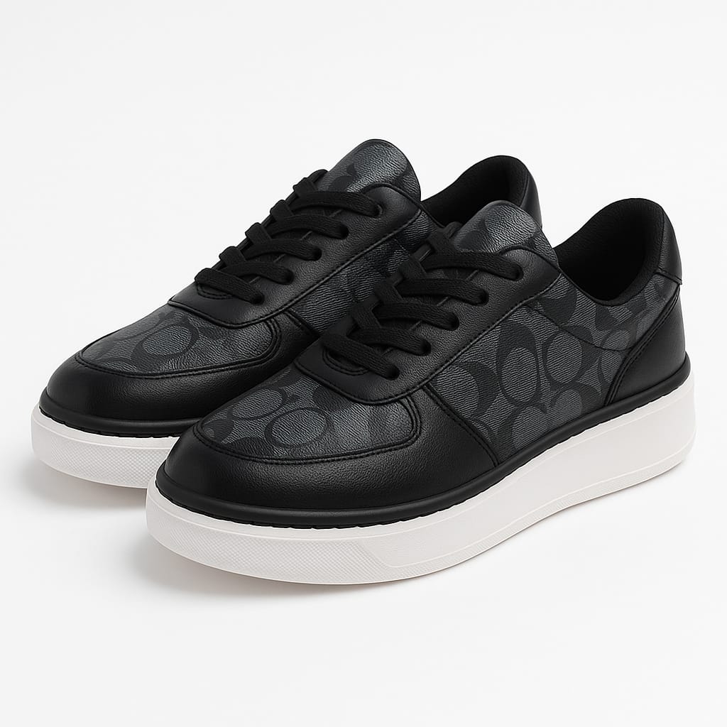 Black leather sneakers with subtle patterned sides and white sole – stylish and comfortable casual shoes for women.