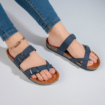 شبشب حريمي جلد طبيعي لون كحلي أنيق ومريح لفصل الصيف